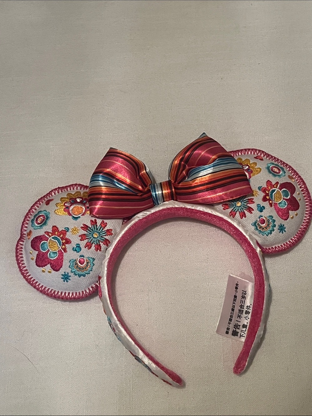 Embroidered Floral Pink Kids Headband with Striped Bow